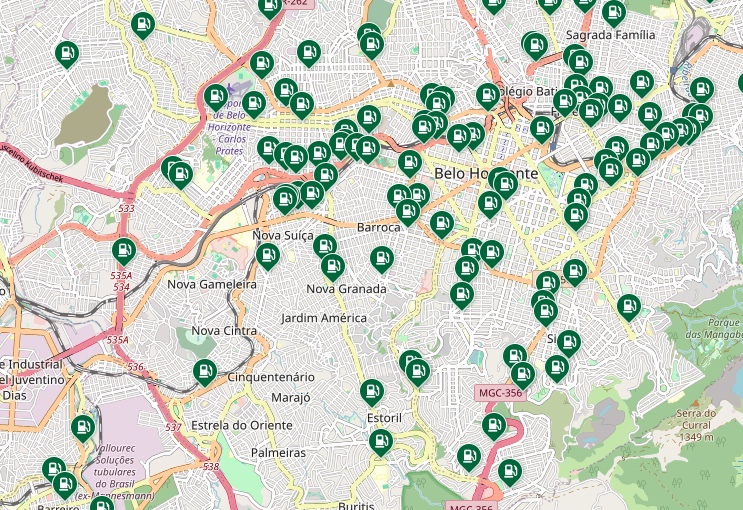 Mapa de Belo Horizonte e região com os pontos dos postos pesquisados