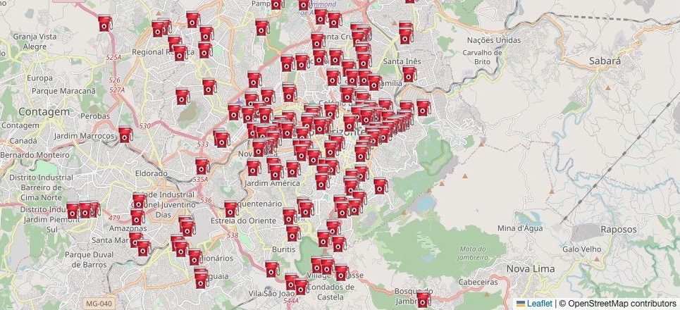 Mapa de Belo Horizonte e região com os pontos dos postos pesquisados