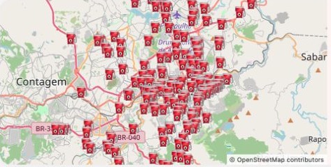 Mapa de Belo Horizonte e região com os pontos dos postos pesquisados